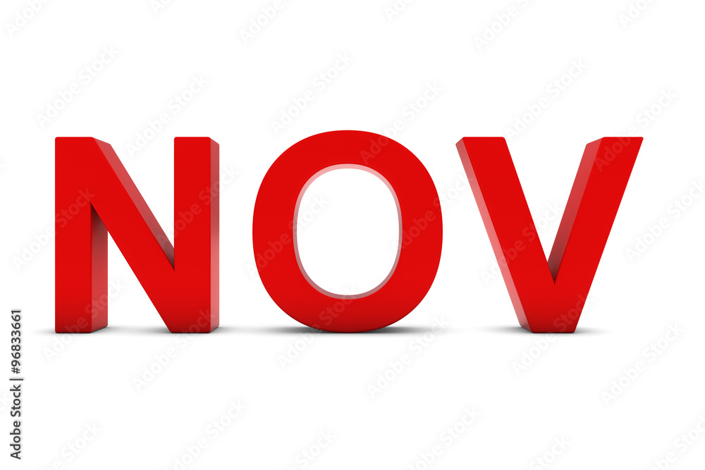 NOV Red 3D Text - November Month Abbreviation on White NOV Red 3D Text - November Month Abbreviation on White