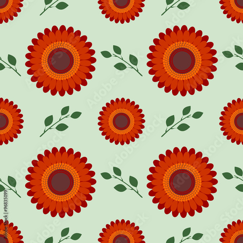 Seamless flower vector pattern, symmetrical background with red flowers and leaves, over light green backdrop