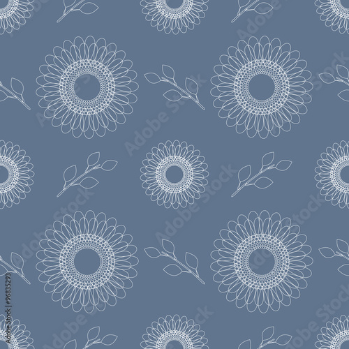 Seamless flower vector pattern; symmetrical abstract background with flowers and leaves; over blue backdrop