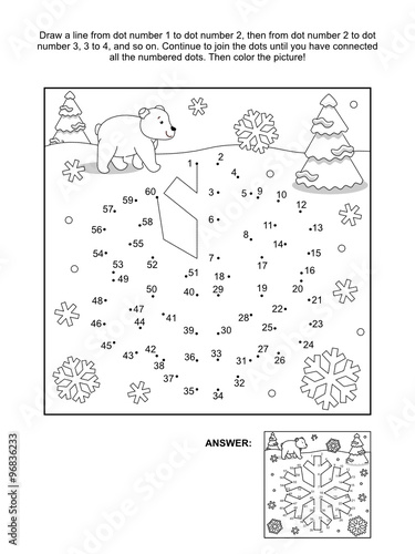 Winter, New Year or Christmas themed connect the dots picture puzzle and coloring page - snowflake. Answer included.
