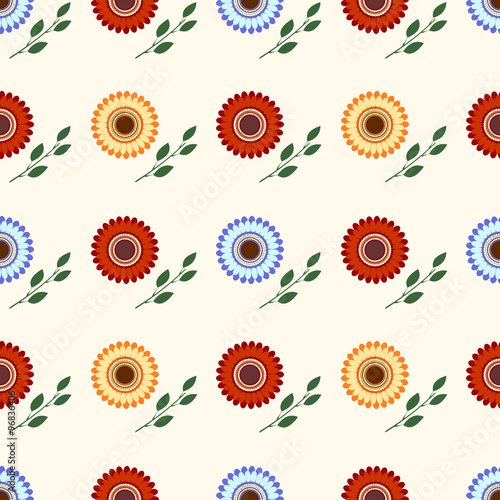 Seamless flower vector pattern, symmetrical background with colorful flowers and leaves, over light  backdrop