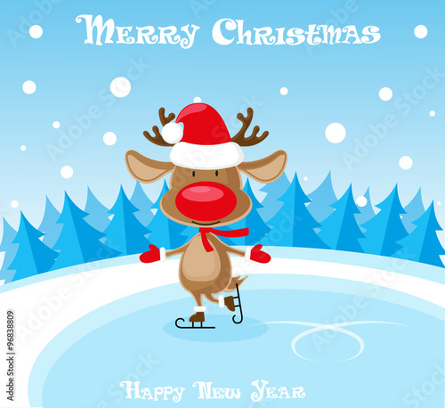 Vector banner funny deer in santa claus hat and skates at the ice rink on blue background