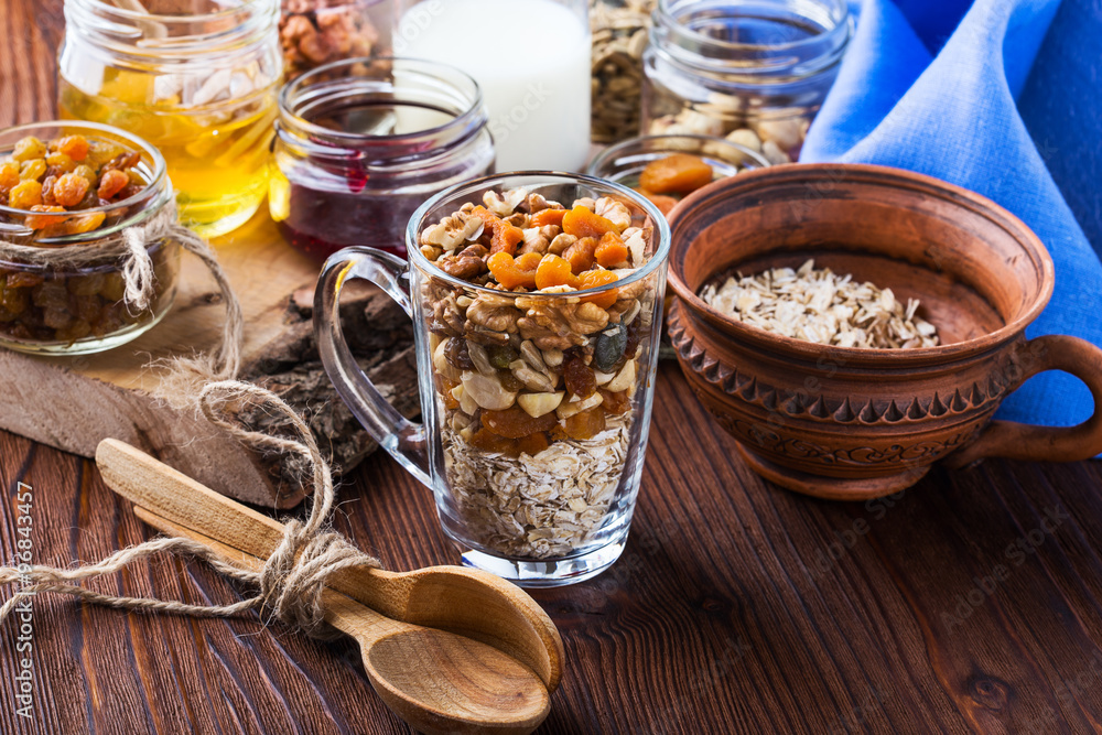 Healthy morning muesli in glass cup