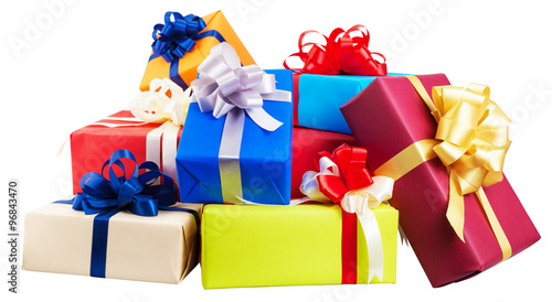 Piles of gift boxes wrapped in colorful paper, ribbon, bow ,Isolated on white. for anniversary, new year, birth day