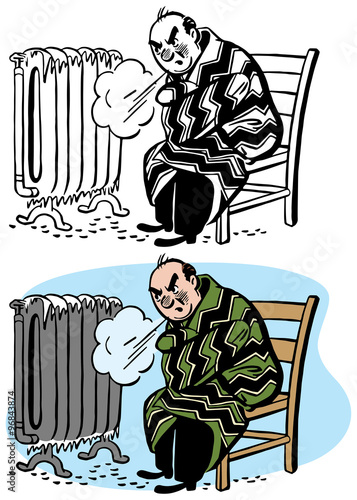 Man shivering in front of broken radiator