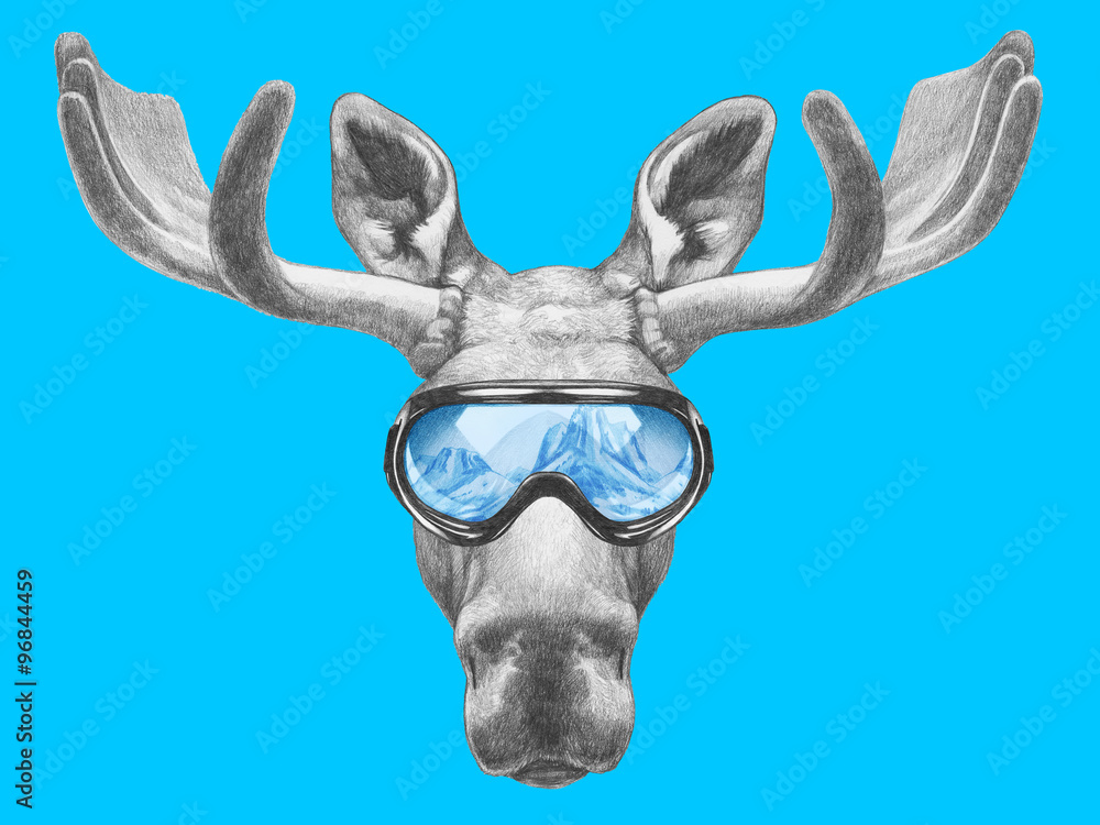 Naklejka premium Portrait of Moose with ski goggles. Hand drawn illustration.