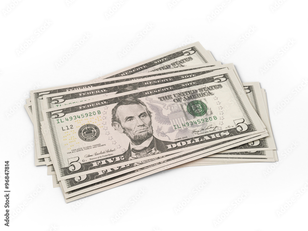 several five dollar bills on a white background several five dollar bills on a white background