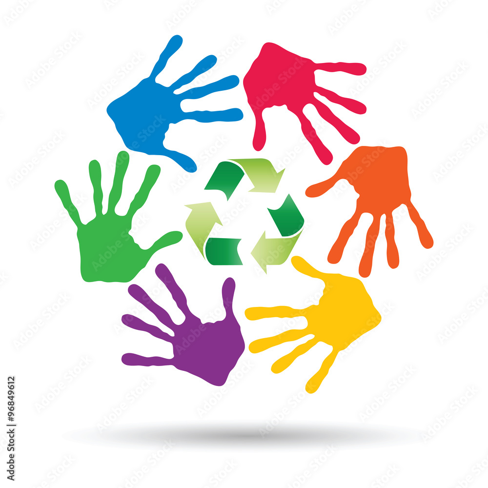 Obraz premium Vector concept circle of hands, green recycle symbol
