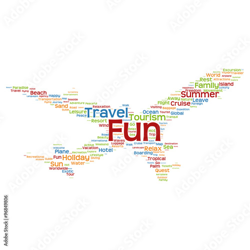 Vector conceptual travel or tourism plane word cloud