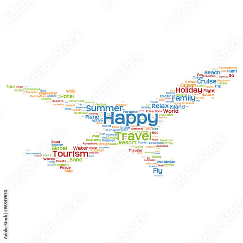 Vector conceptual travel or tourism plane word cloud