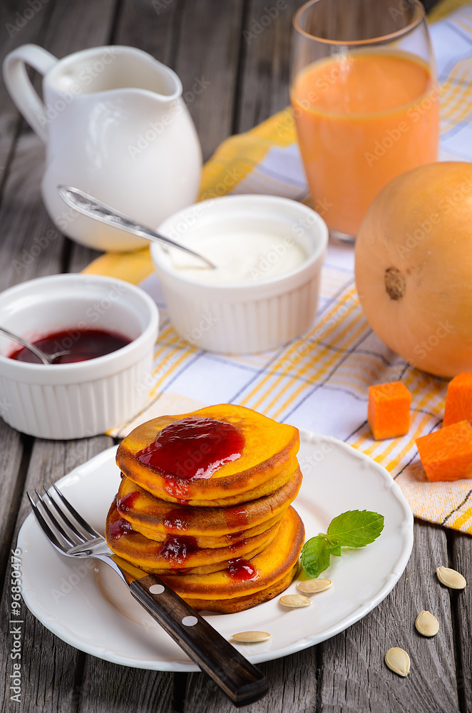 Pumpkin pancakes with pumpkin smoothie, cream fresh and jam Pumpkin pancakes with pumpkin smoothie, cream fresh and jam