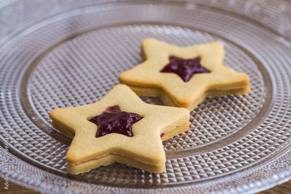 Star shaped jam and butter cookies, christmas Star shaped jam and butter cookies, christmas
