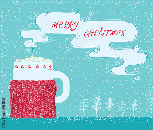 Christmas greeting card with knitted cup holder and coffee