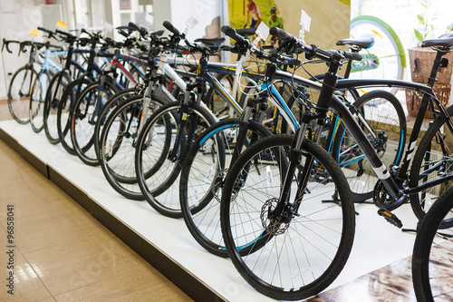 Sportive mountain bike row in the store