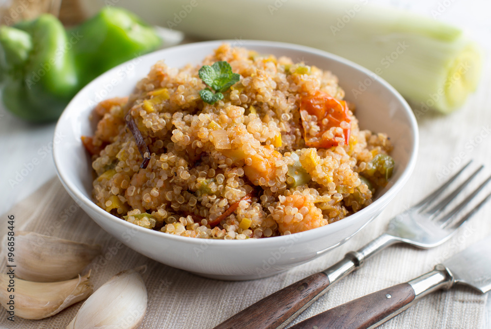 Cooked Quinoa with vegetables and shrimps
