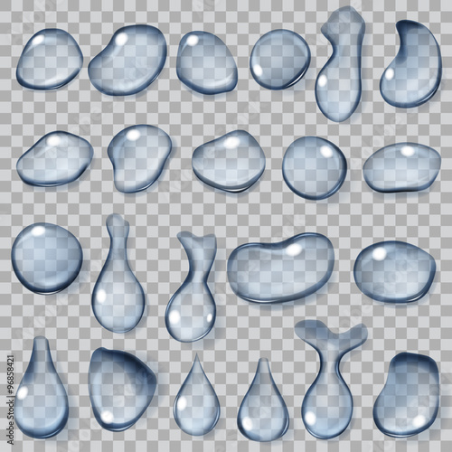 Transparent light blue drops. Transparency only in vector format. Raster format is not applicable!