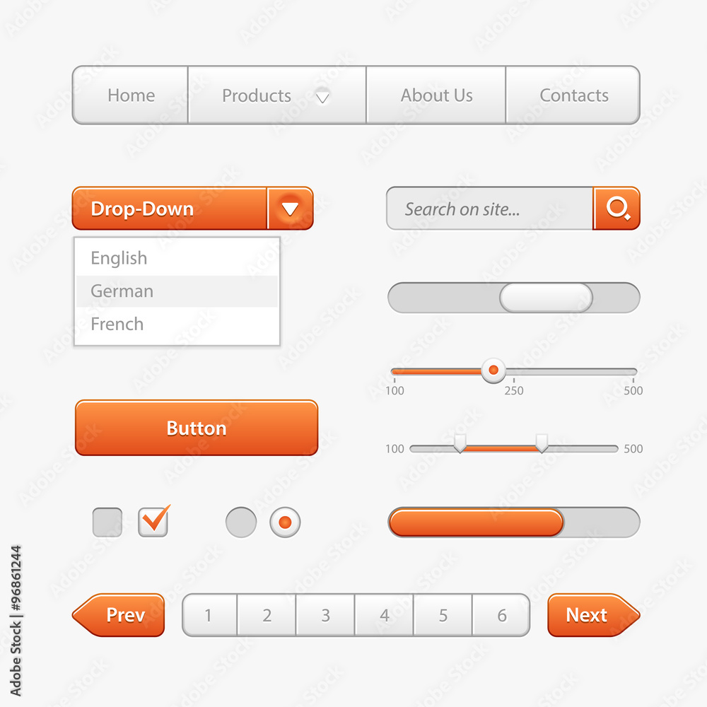 Orange Light User Interface Controls. Web Elements. Website, Software UI:  Buttons, Switchers, Drop-down, Navigation Bar, Menu, Check Box, Radio,  Scroller, Progress Bar, Volume, Tag, Player, Play Stock Vector | Adobe Stock