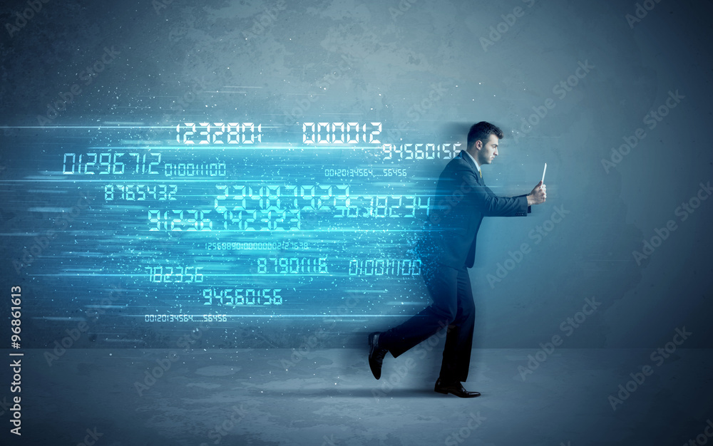 Business man running with device and data concept Business man running with device and data concept