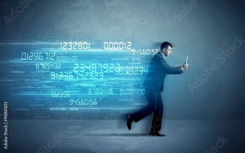 Business man running with device and data concept © ra2 studio