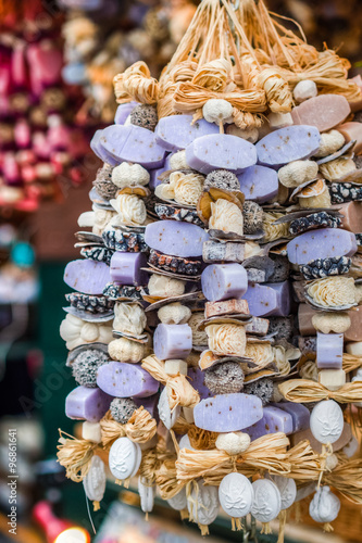 Photography traditional christmas market decoration, kiosk full of flavoured soaps