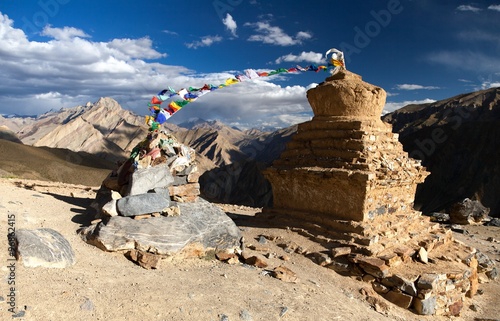 stupas with prayer flags in Zanskar valley
