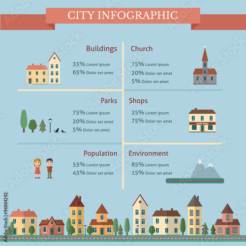 City infographic with street and houses.