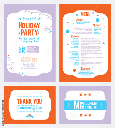 Vector Colorful Winter Holiday Party Invitation Set. urple. Violet. Orange. Festive. Menu. Thank you. Place card