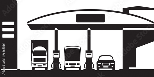 Truck, bus and car at gas station - vector illustration