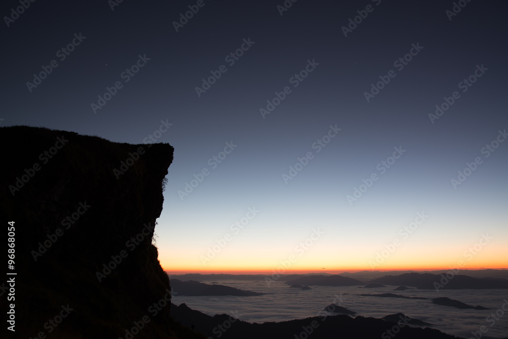 Fototapeta premium Sunrise and fog on mountain, Thailand.