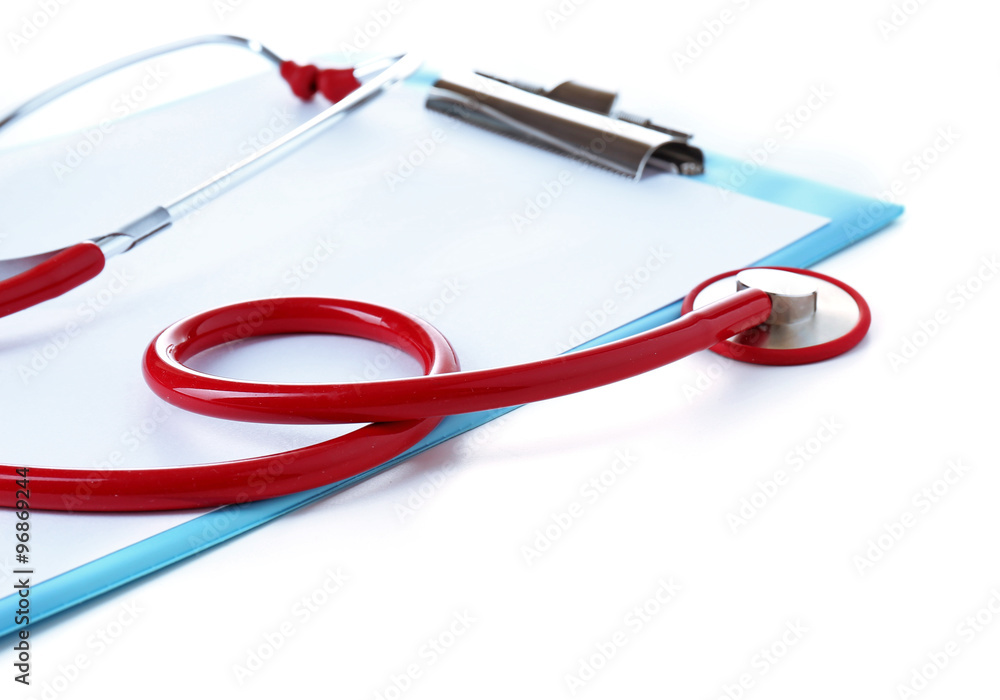 Medical stethoscope with clipboard isolated on white Medical stethoscope with clipboard isolated on white