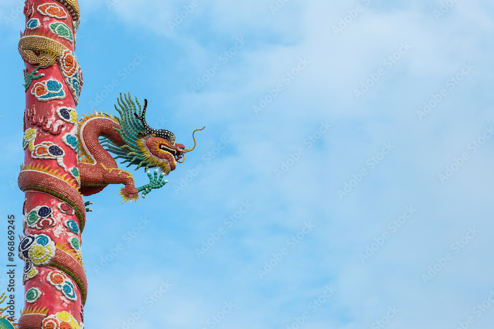 Naklejka premium Red dragon statues on red pole in front of Naja Chinese Temple,