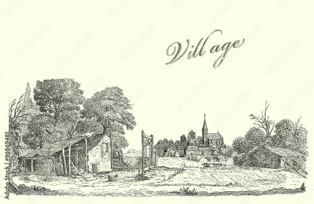 Old village art illustration