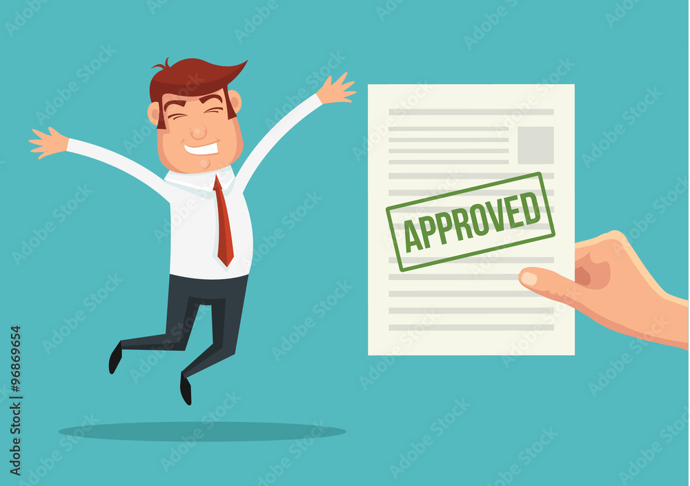 Approved application and happy man. Vector flat illustration
