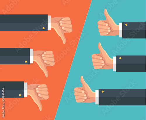 Thumbs up and thumbs down. Vector flat illustration