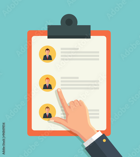 Pointing hand and hand with list of job applicants. Vector flat illustration