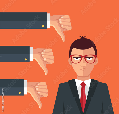 Angry businessman and many hands with thumbs down. Vector flat illustration