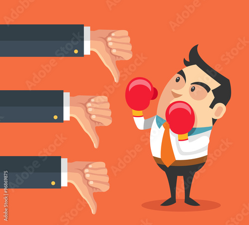 Little businessman and many hands with thumbs down. Vector flat cartoon illustration