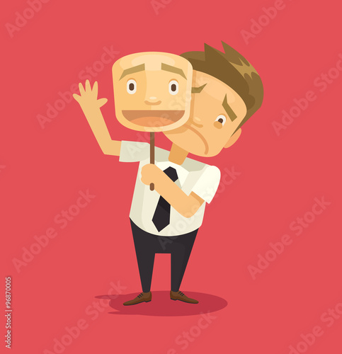 Fake businessman wearing mask with smile. Vector flat illustration