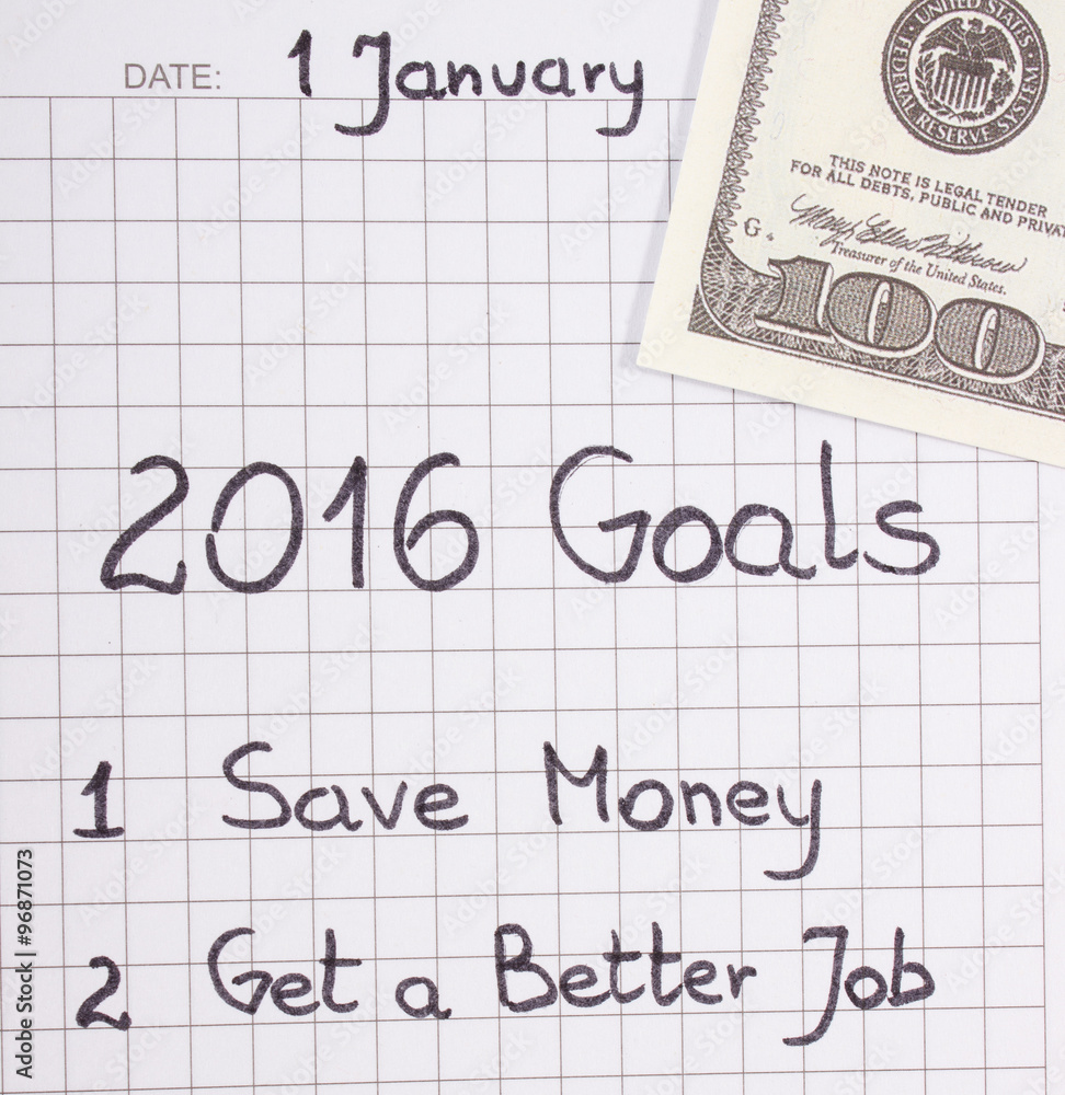 New years resolutions written in notebook and currencies dollar New years resolutions written in notebook and currencies dollar