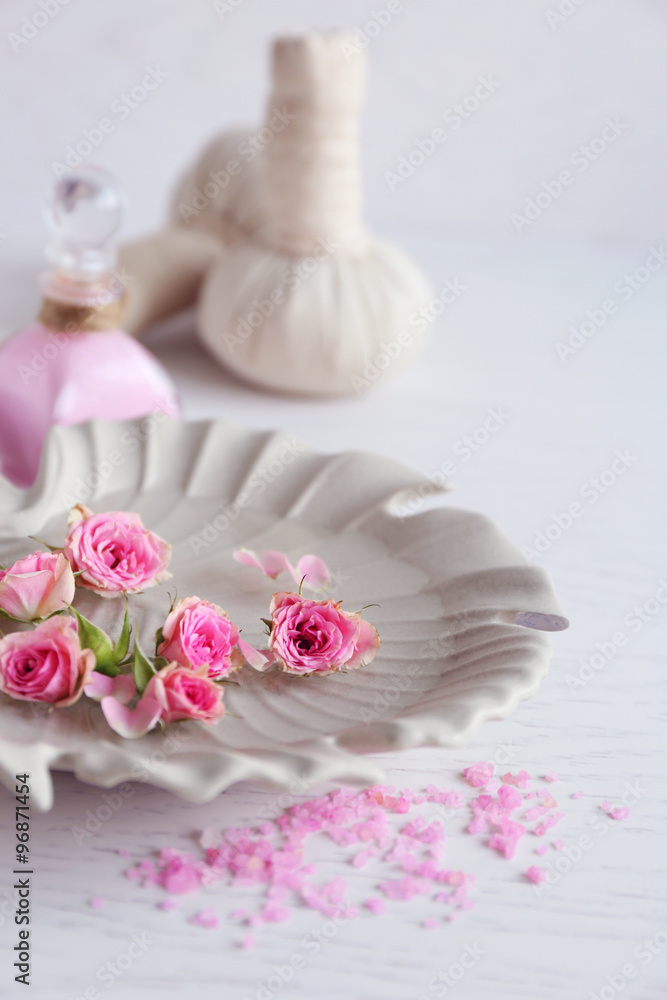 Beautiful spa composition on wooden table Beautiful spa composition on wooden table