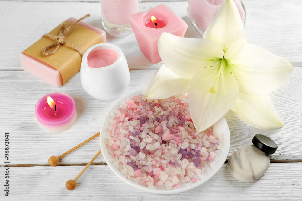 Spa composition on white wooden background Spa composition on white wooden background