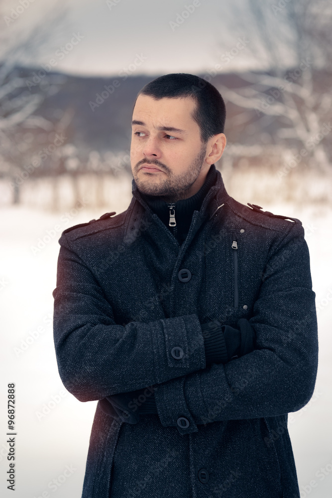 Skeptical Man Outside in Snowing Winter Decor Skeptical Man Outside in Snowing Winter Decor
