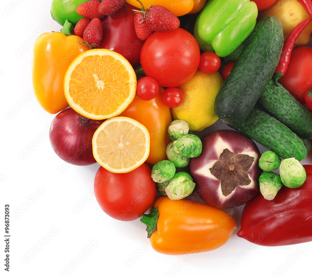 Fresh fruits and vegetables isolated on white Fresh fruits and vegetables isolated on white
