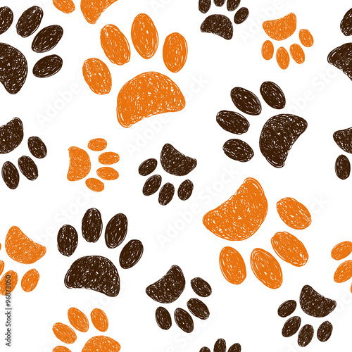 Seamless pattern with doodle animal footprints. Hand drawn cats paws on white background.