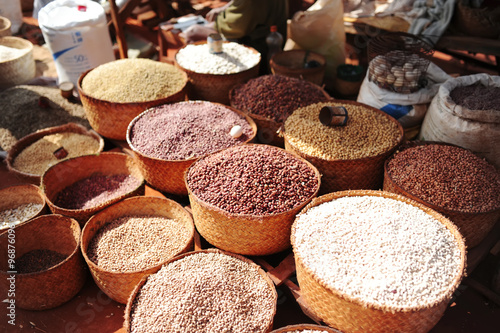 Soy, rice and other plants. City market. Antananarivo