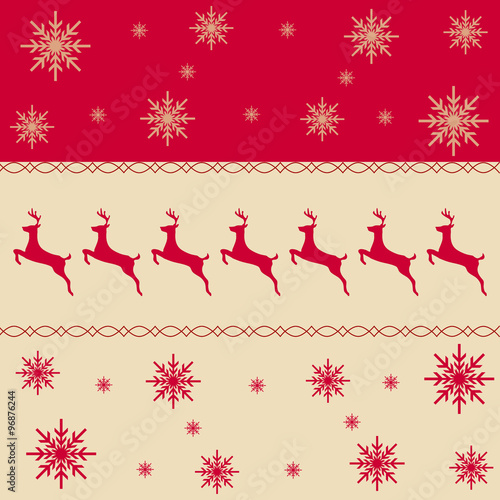 Seamless border pattern with reindeer and snowflakes.