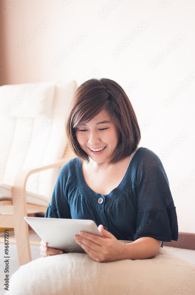 Woman holding digital tablet and felling wonderful. Woman holding digital tablet and felling wonderful.
