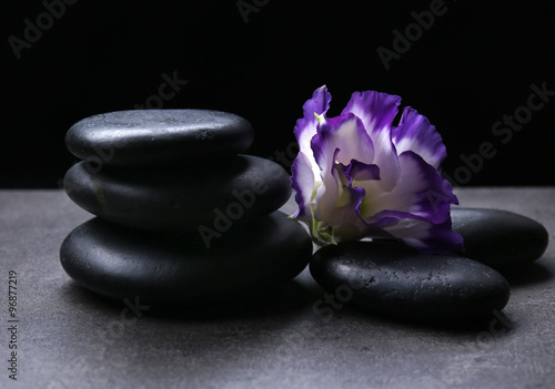 Balanced pebbles with beautiful flower on dark grey table against black background
