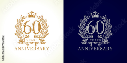 60 anniversary luxury logo. Template logo 60th royal anniversary with a frame in the form of laurel branches and the number sixty.