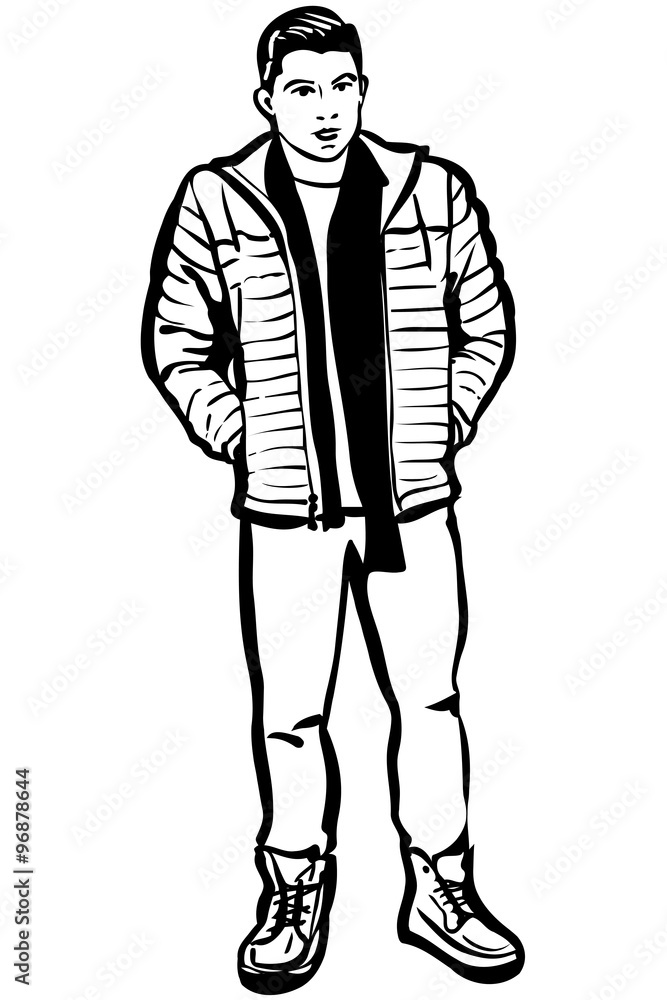 sketch of a young man in a jacket and a scarf sketch of a young man in a jacket and a scarf